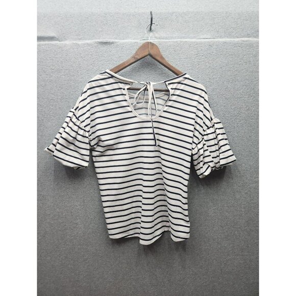 Fyve Womens Striped Top With Floral Embroidery Short Puff Sleeves Relaxed Fit S - Picture 7 of 7